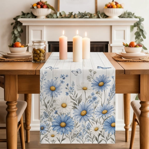 Blue Daisies Dining Table Runner, Summer Flower Vintage Rustic Butterfly Farmhouse Washable Table Runners Kitchen Coffee Table Center Decor for Home Party Holiday Wedding 13 x 36 Inches