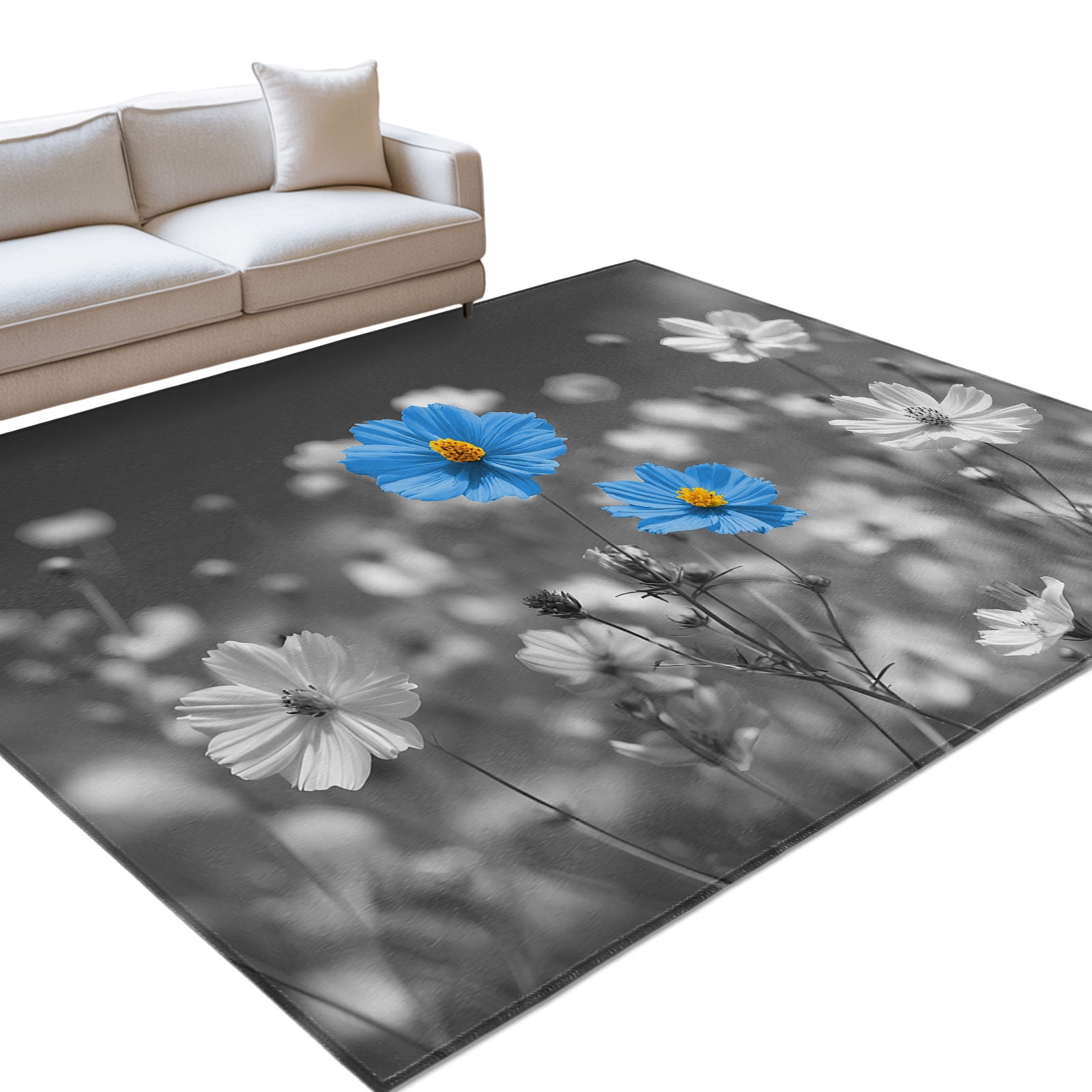 Blue Daisy 5x7ft Non Slip Area Rug Abstract Blue Black White Daisy ...