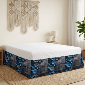 Blue Daisy Bed Skirt Bed Skirts King Size 18 Inch Drop, Spring Floral Butterfly Floral Retro Rust Texture Wrap Around Dust Ruffle Bedskirt with Adjustable Elastic Belt for King Size Beds