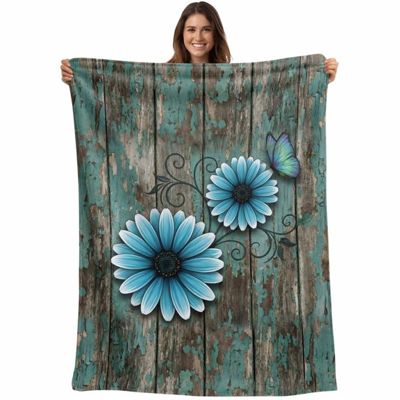 Blue Daisy Blanket Soft Cozy Warm Throw Blanket for Couch, Plush Fuzzy Flannel Fleece Blankets for Sofa, Country Vintage Floral Butterfly Wooden Bed Blankets Lightweight Gifts for Women, 30"x40"