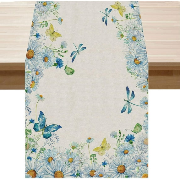 Blue Daisy Butterfly Flowers Spring Table Runner Summer Seasons Burlap Table Decoration for Home Kitchen Dining Dinner Indoor Holiday Farmhouse Decor 13x90 Inch