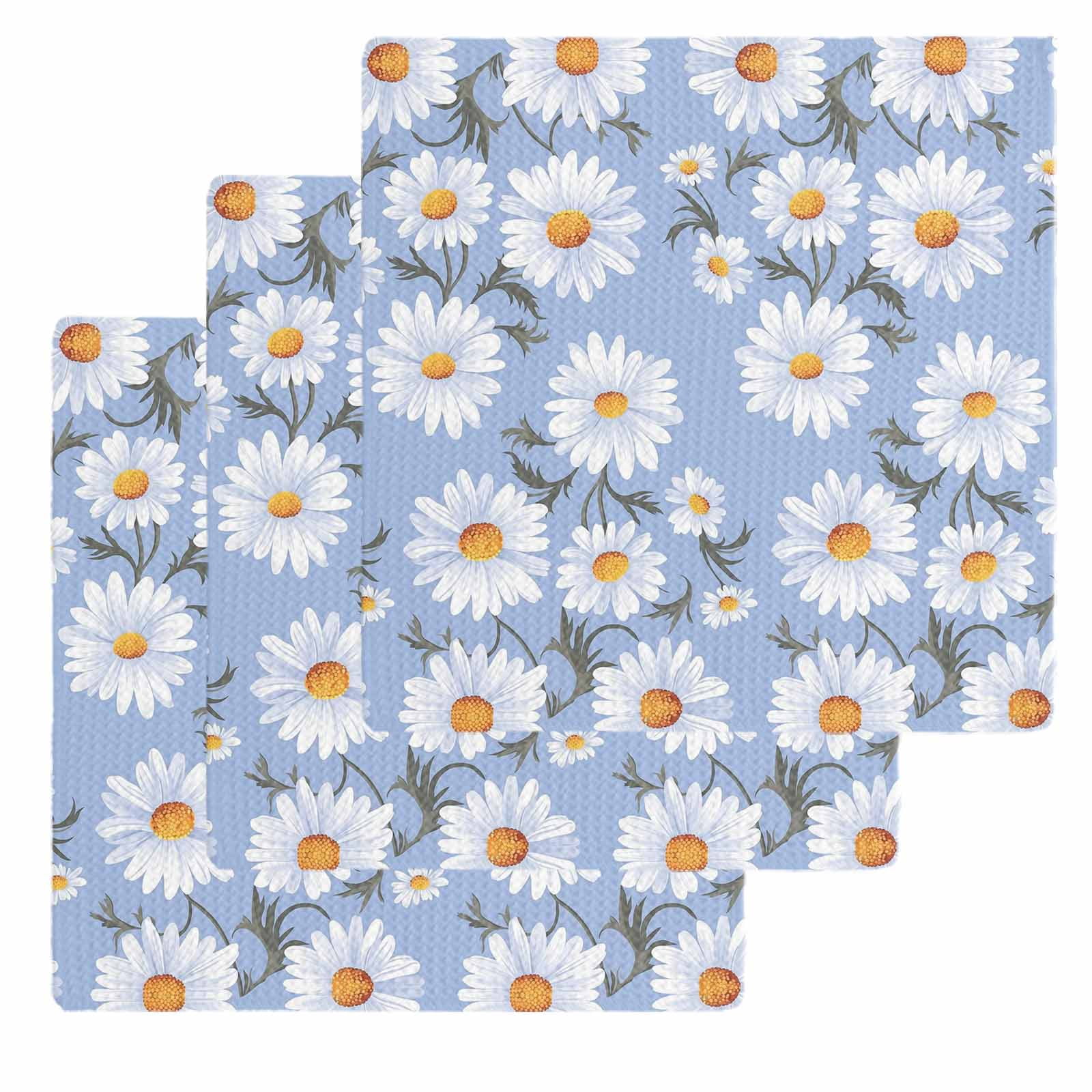 Blue Daisy Dish Towels Set, Waffle Weave Kitchen Towels 3 Pieces, Spring Floral Summer Botanical Watercolor Microfiber Hair Face Bath Tea Towel Absorbent Quick Drying Cleaning Dish Cloths, 12"x12"