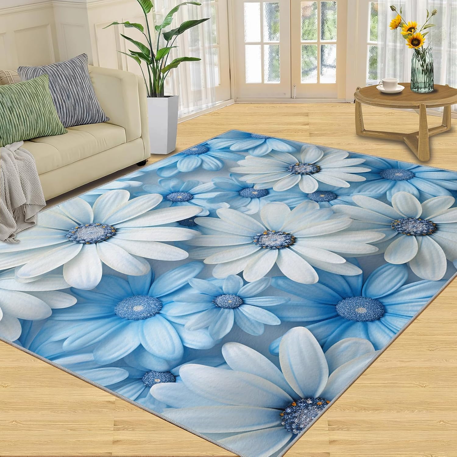 Flower City Rug Blue Daisy Floral Area Rug 3D Flower Print Bedroom Rug Country Style ...