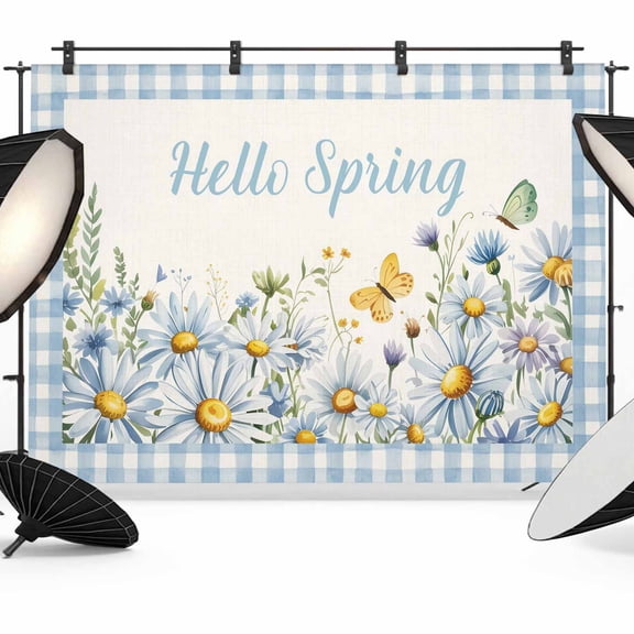 Blue Daisy Floral Backdrop for Photography,Fabric Photo Background Backdrop,Spring Country Flower Butterflies Plaid Photo Booth Background for Portrait Photoshoot Video Wedding Studio Banner 10x8ft