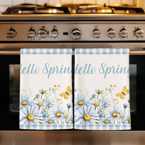 Blue Daisy Floral Kitchen Towels Set of 4, Spring Country Flower Butterflies Plaid Absorbent Dish Towels for Kitchen, Microfiber Hand Towel, Quick Drying Tea Towel for Cleaning Decorative Dishcloths