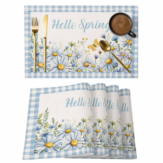 Blue Daisy Floral Placemats Set of 8,Cotton Linen Fabric Place Mats ...