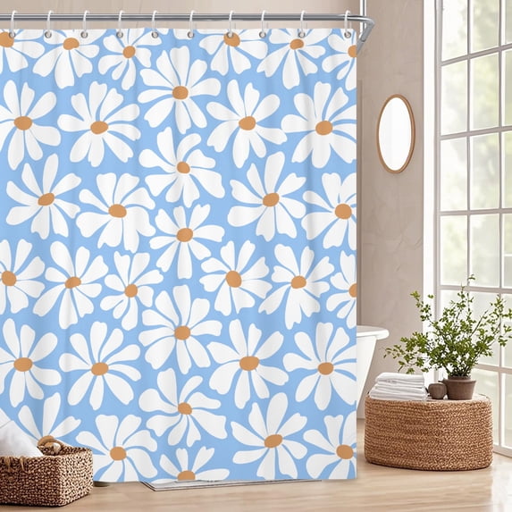 Blue Daisy Floral Shower Curtain,Boho Spring Flower Shower Curtain for Girly Bathroom,Modern Minimalist Fabric Shower Curtain Set,60x72 Inch