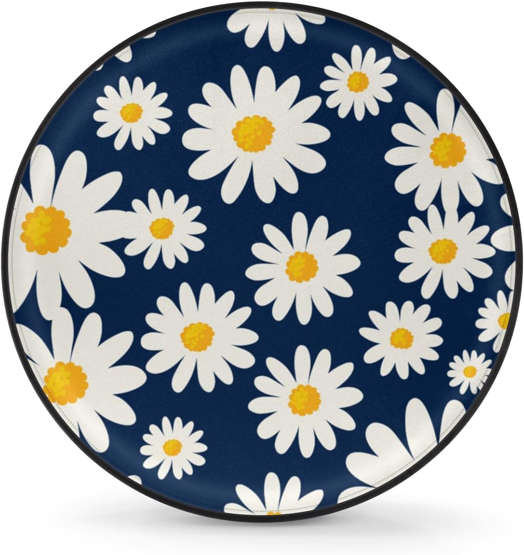 Blue Daisy Floral Spare Tire Cover, Daisy Print Wheel Cover Waterproof