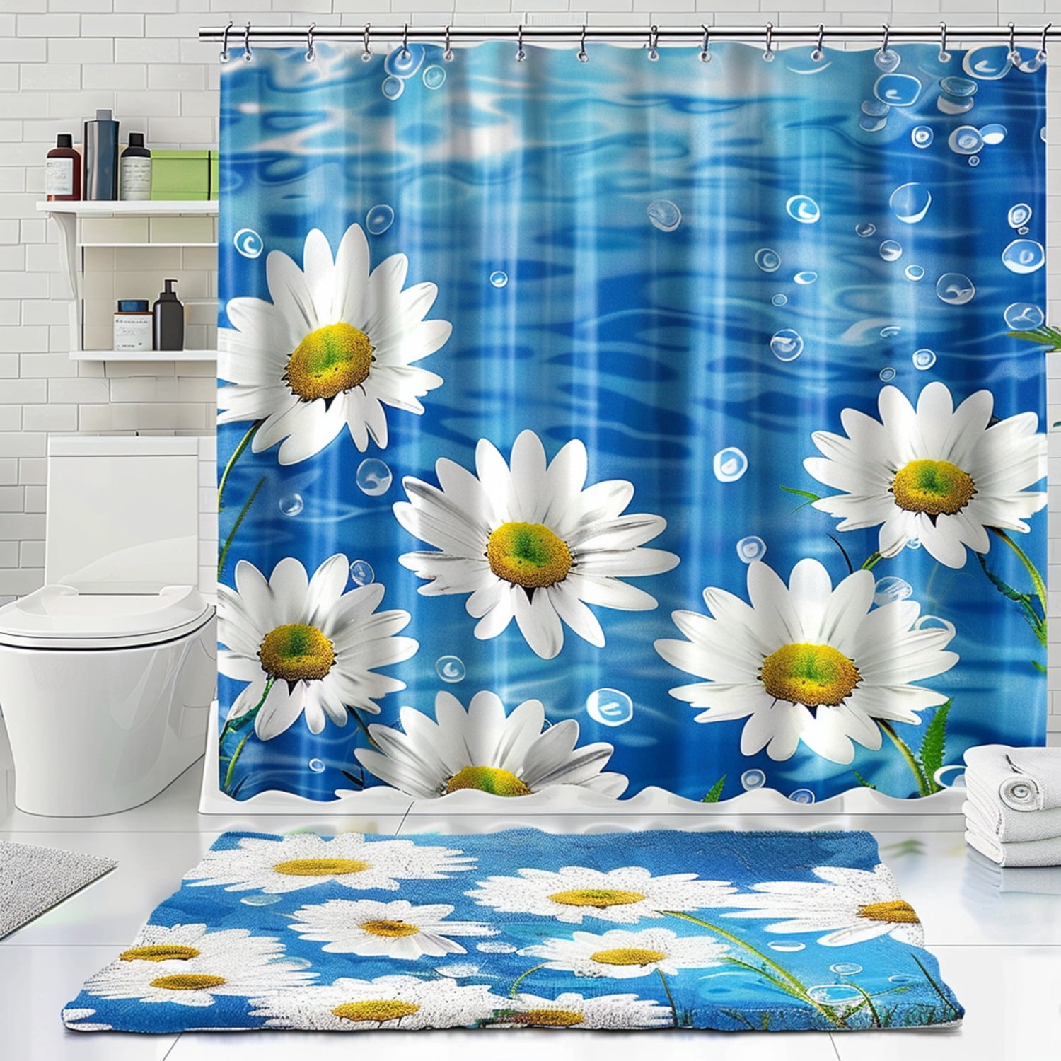 Blue Daisy Flower Bathroom Curtain Set with 3D Rendering Illustration ...