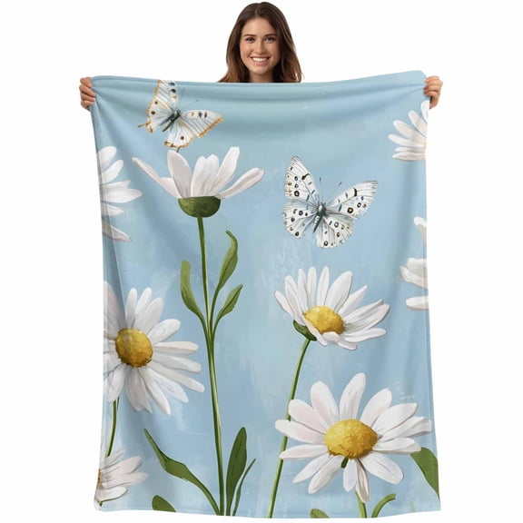 Blue Daisy Flower Blanket Soft Cozy Warm Throw Blanket for Couch, Plush Fuzzy Flannel Fleece Blankets for Sofa, White Farmhouse Floral Spring Bed Blankets Lightweight Gifts for Women, 30"x40"