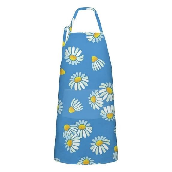 Blue Daisy Flower Floral Pattern Apron-Garden Aprons for Women with Pockets-Cotton Linen Waterproof Kitchen Cooking Gardening Aprons Adjustable for Kitchen,Cooking,BBQ and Salon 33x27 Inch