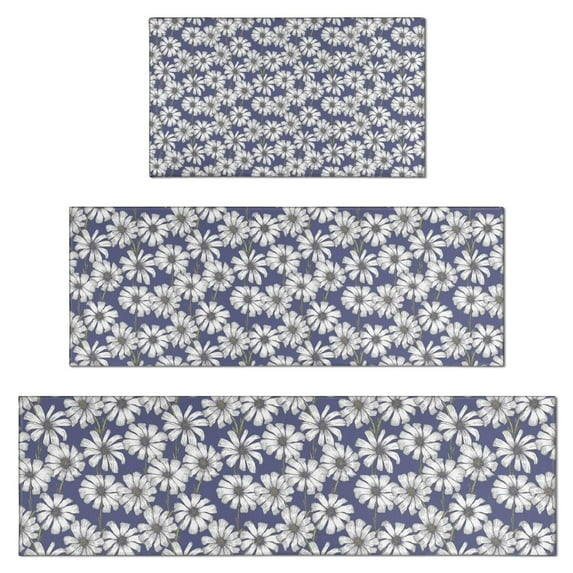 Blue Daisy Flower Floral Pattern Kitchen Rugs Sets Of 3,Kitchen Runner Rugs Non Skid Washable,Decorative Kitchen Floor Mats for Kitchen,Sink,Laundry,17"x30"+ 17"x47" + 17"x59"