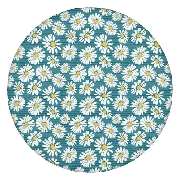Blue Daisy Flower Floral Pattern Round Fitted Tablecloth with Elastic Edge,Dining Table Cover Waterproof,Outdoor Round Tablecloth for Camping,Dining,Indoor and Outdoor
