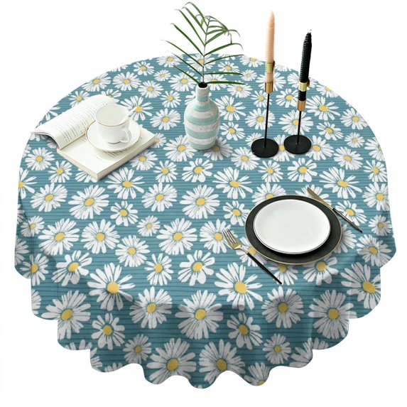 Blue Daisy Flower Floral Pattern Round Tablecloth 60"x60",Wrinkle Wipeable Table Cloth for Kitchen Dining Room Picnic Patio Party