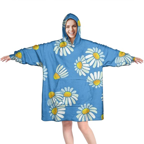 Blue Daisy Flower Floral Pattern Wearable Oversized Blanket,Wearable Blanket Hoodie for Adults,Cozy Hooded Blankets with Super Pockets,Super Warm Fuzzy Pullover for Women & Men