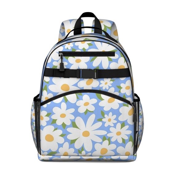 Blue Daisy Flower Green Leaves Pattern Backpack for School,Cute School Bag,Schoolbag with Adjustable Shoulder Straps & Padded Back,15.25"x11.5"x5.25"