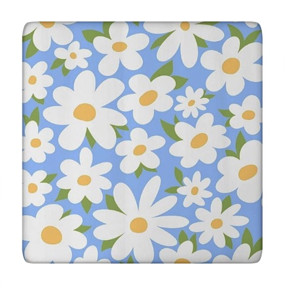 Blue Daisy Flower Green Leaves Pattern Square Fitted Tablecloth with Elastic Edge,Square Table Cover,Washable Elastic Table Cover for Home Kitchen Party Decor 34"x34"