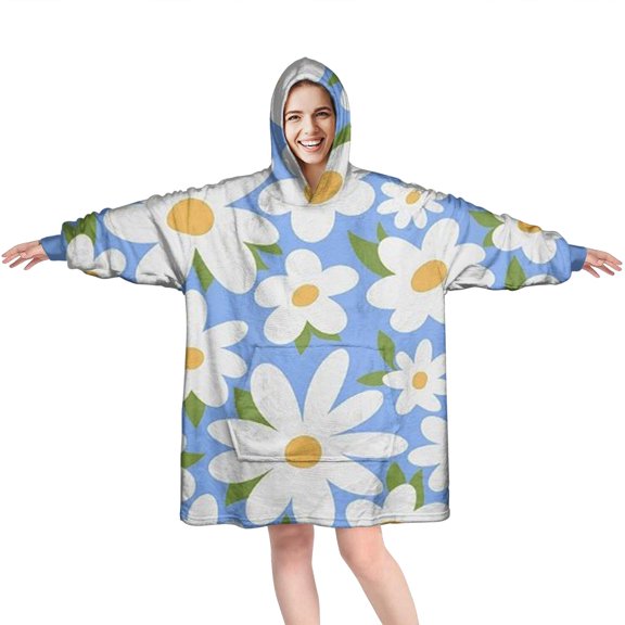 Blue Daisy Flower Green Leaves Pattern Wearable Oversized Blanket,Wearable Blanket Hoodie for Adults,Cozy Hooded Blankets with Super Pockets,Super Warm Fuzzy Pullover for Women & Men