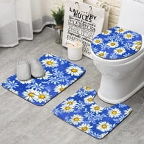 Blue Daisy Flower Lightblue Petals Pattern Bathroom Rugs Sets 3 Piece,Toilet Cover Set,Absorbent Non Slip Bathroom Mats Sets with U-Shaped Contour Rug Toilet Rug Set