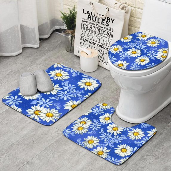 Blue Daisy Flower Lightblue Petals Pattern Bathroom Rugs Sets 3 Piece,Toilet Cover Set,Absorbent Non Slip Bathroom Mats Sets with U-Shaped Contour Rug Toilet Rug Set