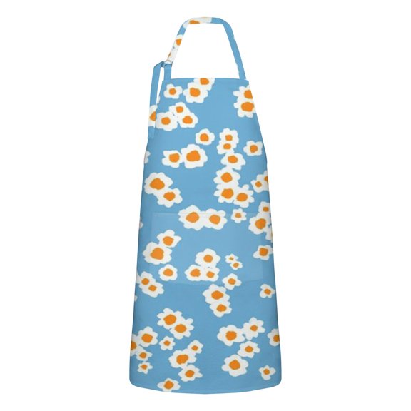 Blue Daisy Flower Orange Centers Pattern Apron-Garden Aprons for Women with Pockets-Cotton Linen Waterproof Kitchen Cooking Gardening Aprons Adjustable for Kitchen,Cooking,BBQ and Salon 33x27 Inch