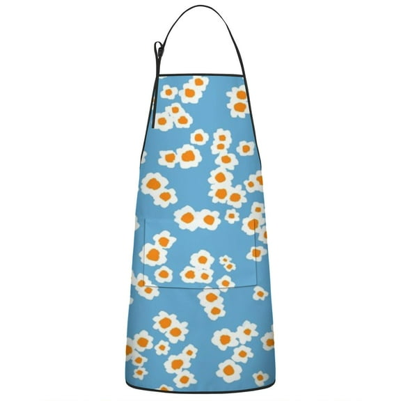 Blue Daisy Flower Orange Centers Pattern Apron-Garden Aprons for Women with Pockets-Cotton Linen Waterproof Kitchen Cooking Gardening Aprons Adjustable for Kitchen,Cooking,BBQ and Salon 33x27 Inch
