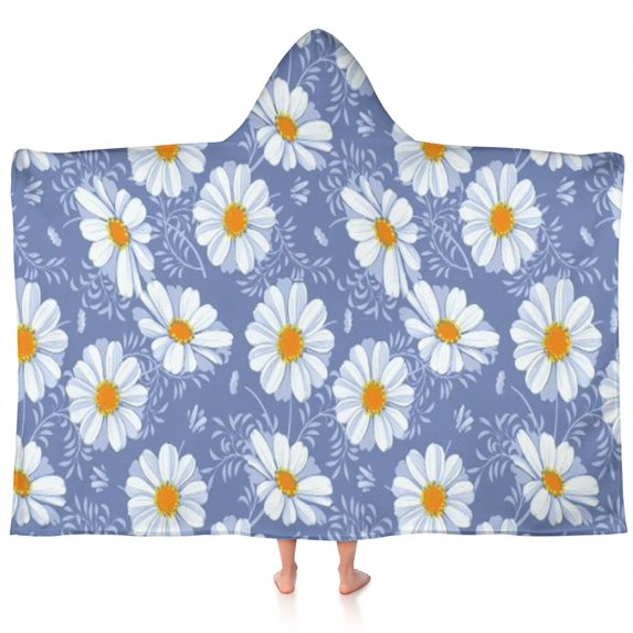 Blue Daisy Flower Pattern Hooded Bath Towel,60"x35" for Ages 3 To 12 Kids, Quick Dry Lightweight Soft Microfiber Hood Beach Towel Cover Up for Kids