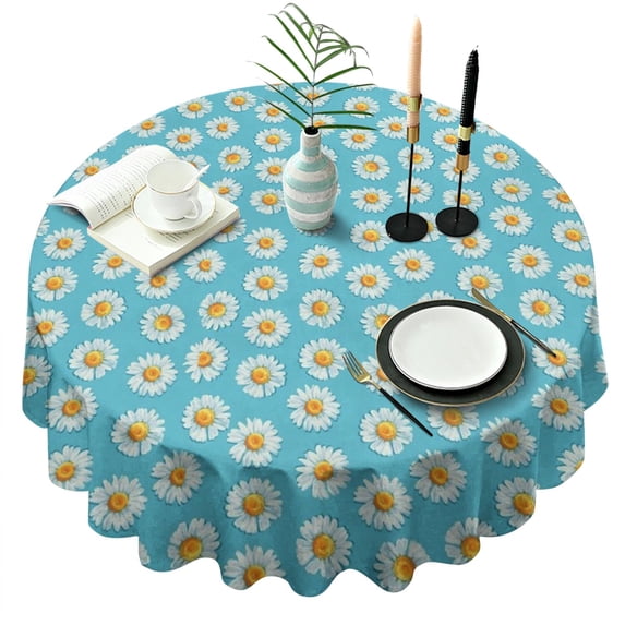 Blue Daisy Flower Pattern Round Tablecloth 60"x60",Wrinkle Wipeable Table Cloth for Kitchen Dining Room Picnic Patio Party
