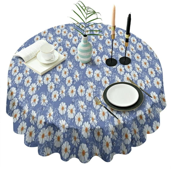 Blue Daisy Flower Pattern Round Tablecloth 60"x60",Wrinkle Wipeable Table Cloth for Kitchen Dining Room Picnic Patio Party