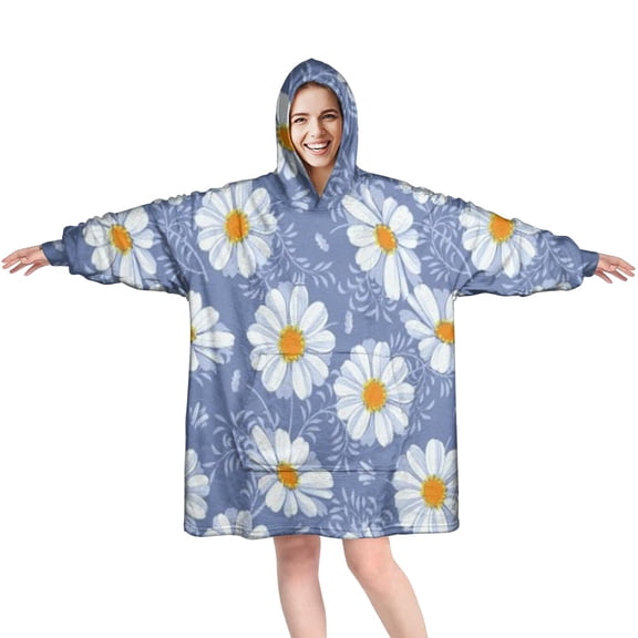 Blue Daisy Flower Pattern Wearable Oversized Blanket,Wearable Blanket Hoodie for Adults,Cozy Hooded Blankets with Super Pockets,Super Warm Fuzzy Pullover for Women & Men