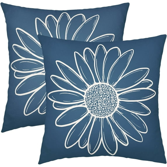 Blue Daisy Flower Pillow Covers 18x18 Inch Set of 2 Spring Summer Floral Bloom Decorative Throw Pillows Seasonal Linen Pillow Cases Farmhouse Home Decor for Cushion Couch Sofa Outdoor