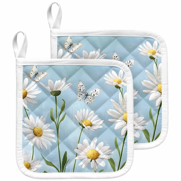Blue Daisy Flower Pot Holders for Kitchen Heatproof Potholder, 2 Pack White Farmhouse Floral Spring Hot Pads Multipurpose Oven Pads Cloth Potholders Trivet for Cooking and Baking