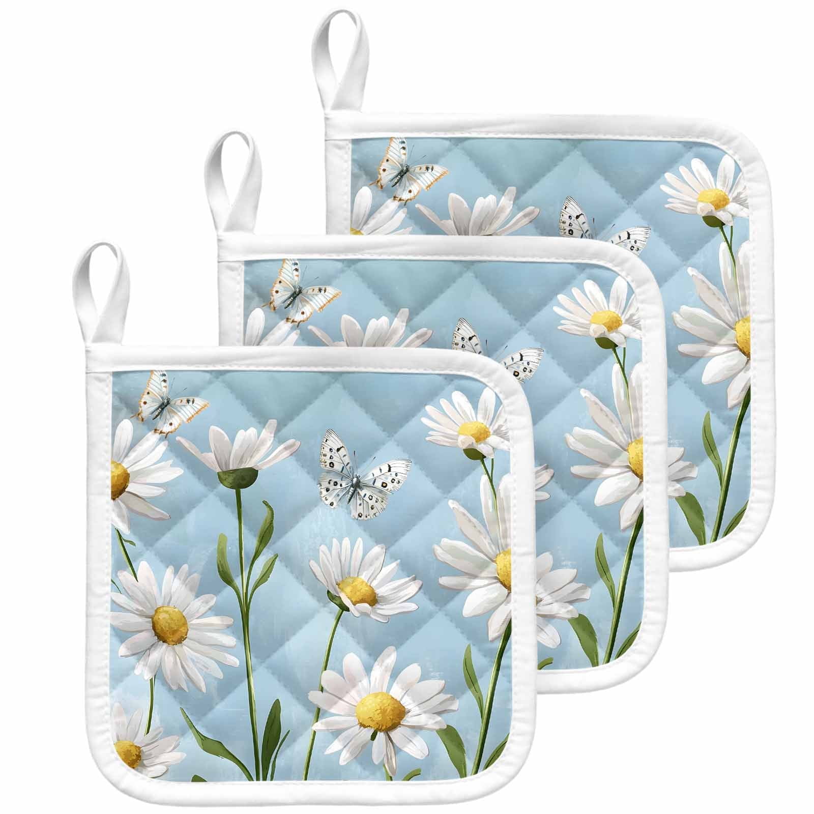 Blue Daisy Flower Pot Holders for Kitchen Heatproof Potholder, 3 Pack White Farmhouse Floral Spring Hot Pads Multipurpose Oven Pads Cloth Potholders Trivet for Cooking Baking