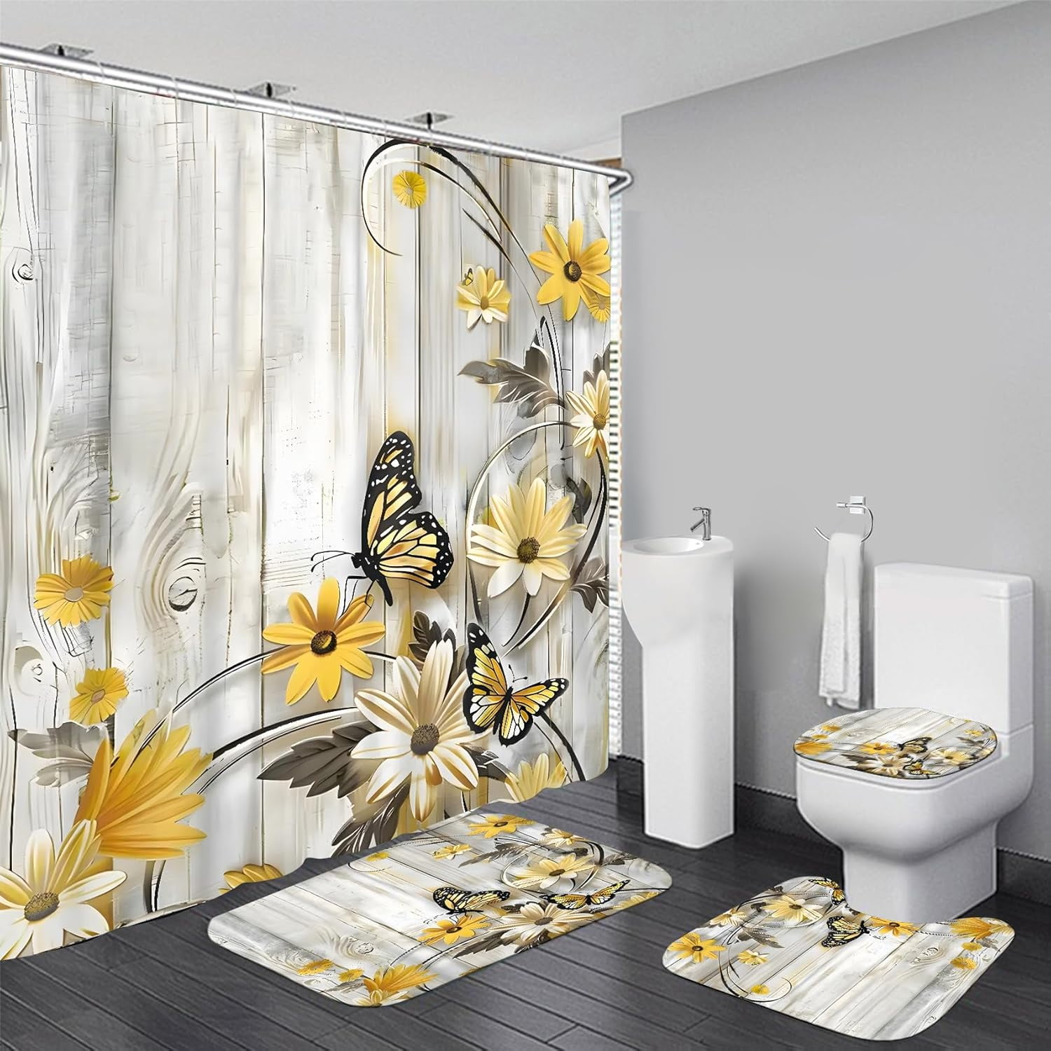Blue Daisy Flower Shower Curtain Set 4pcs Rustic Daisy Floral Bathroom ...