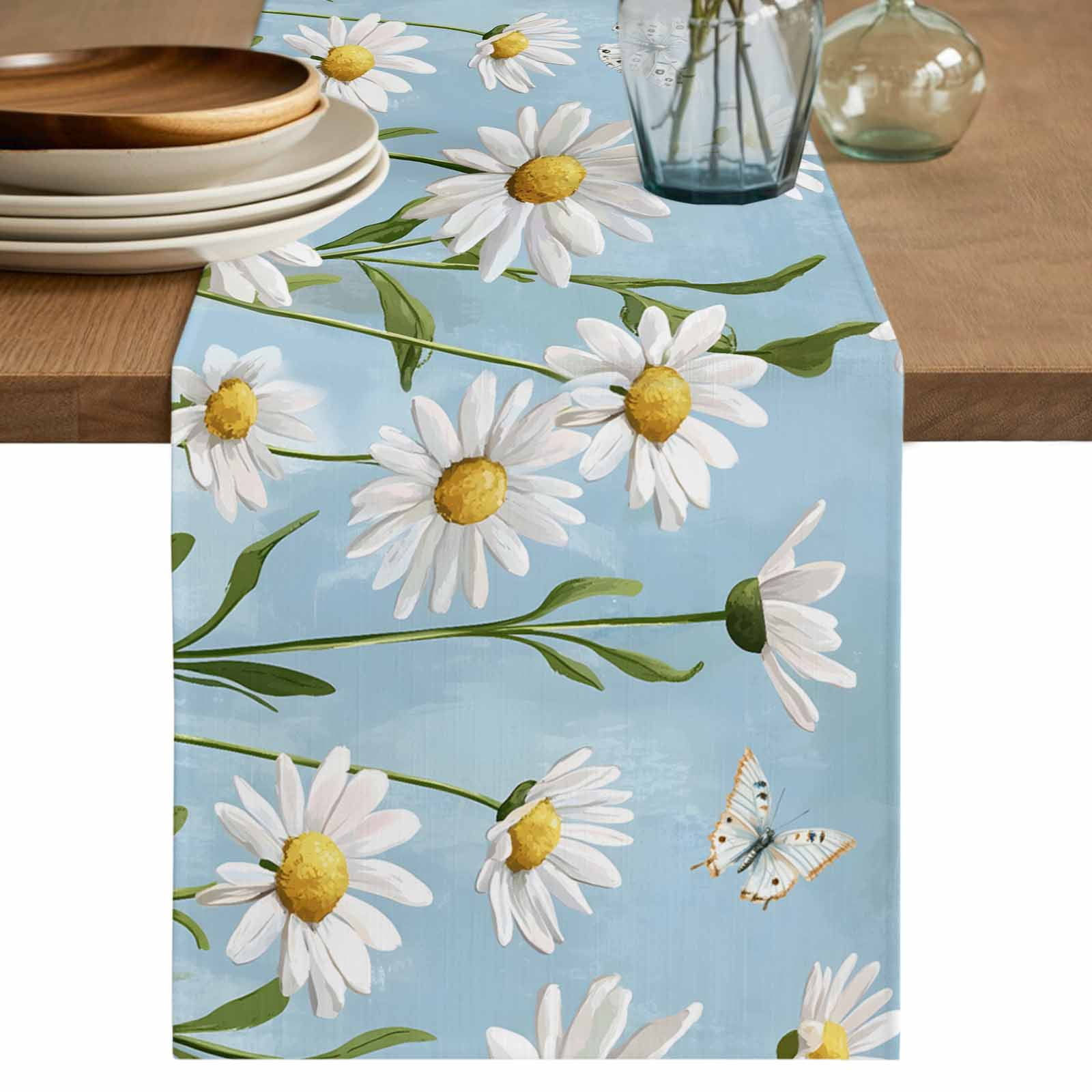 Blue Daisy Flower Table Runner 120 Inches Long,White Farmhouse Floral ...