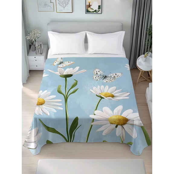 Blue Daisy Flower Twim Size Flat Sheet, Wrinkleproof & Fadeproof Cooling Flat Bed Sheet Only, White Farmhouse Floral Spring Breathable Soft Bedding Top Sheets 66 x 96 Inches