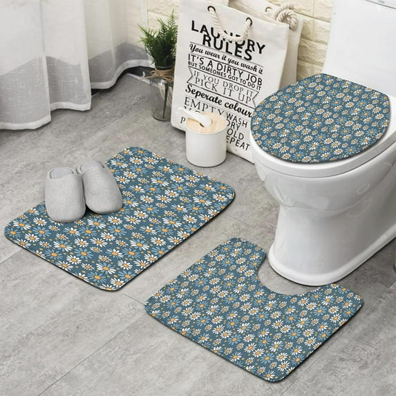 Blue Daisy Flower White Blooms Pattern Bathroom Rugs Sets 3 Piece,Toilet Cover Set,Absorbent Non Slip Bathroom Mats Sets with U-Shaped Contour Rug Toilet Rug Set