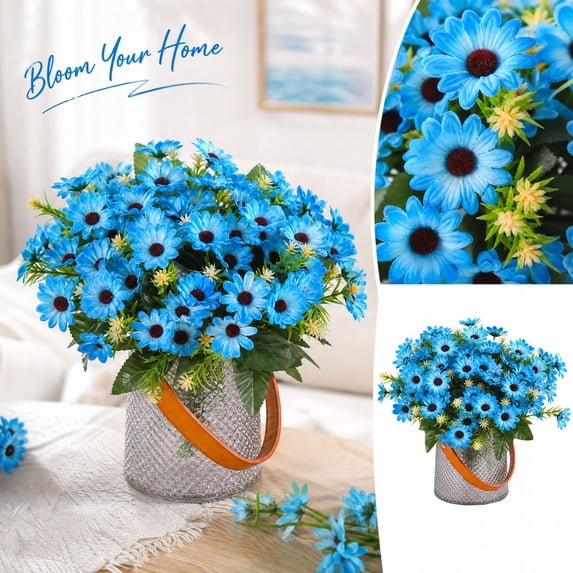 Blue Daisy Flowers Artificial with Green Leaves, Fake Flowers for Home Decor Living Room, Farmhouse Table Centerpiece Decor 1 Pack