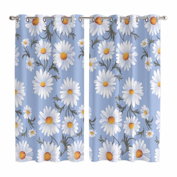 Blue Daisy Kitchen Curtains 84 Inch Length, Spring Floral Summer Botanical Watercolor Grommet Top Bedroom Living Room Curtains, Light Filtering Cafe Curtain Drapes 2 Panels Set 104''x84''