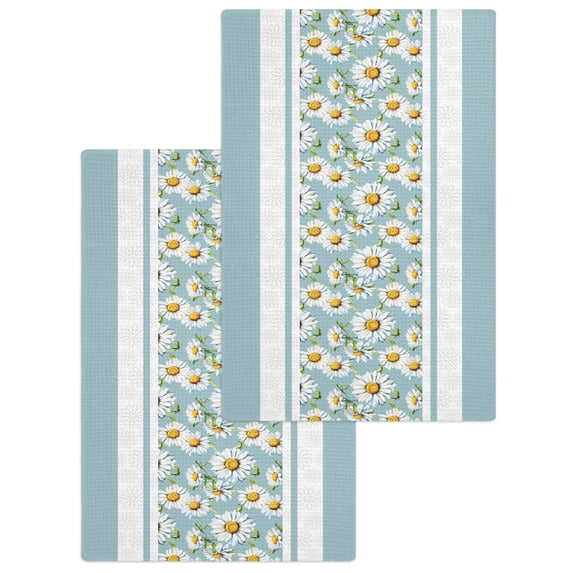 Blue Daisy Kitchen Dish Towels for Drying Dishes Set of 2, Farmhouse Floral Blue Striped Waffle Weave Microfiber Hand Tea Bathroom Towels Quick Dry & Absorbent Towel 15.7x23.6