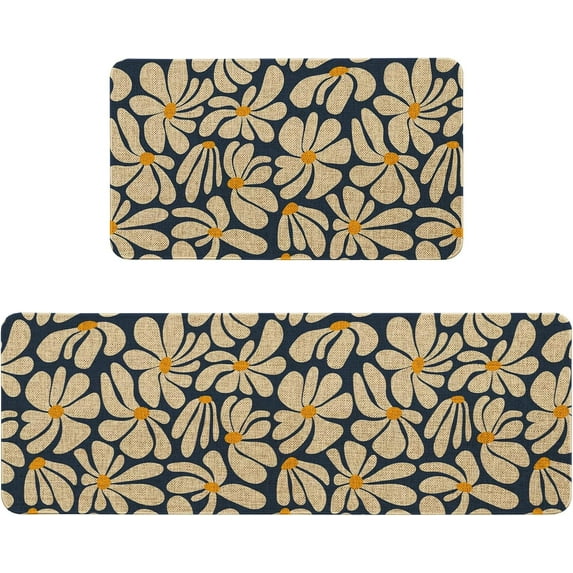 Blue Daisy Kitchen Mats Decor, Blue Kitchen Rugs Sets of 2, Floral Rug Home Decorations Indoor