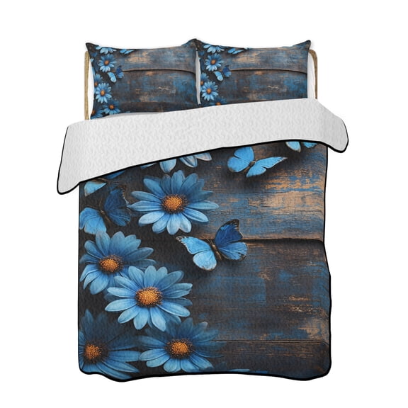 Blue Daisy Quilts Bedding Set Full Size Spring Floral Butterfly Floral Retro Rust Texture Lightweight Quilted Bedspread 3 Piece Bed Quilt with 2 Pillow Shams All Season for Bedroom 68" x 98"