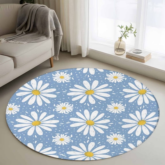 Blue Daisy Round Area Rug 4Ft Washable Circle Rugs for Bedroom Dining Room, Spring Floral Elegant Pastoral Botanical Non-Slip Carpet Floor Mats Indoor Outdoor Carpet Runner Aesthetic Home Decor