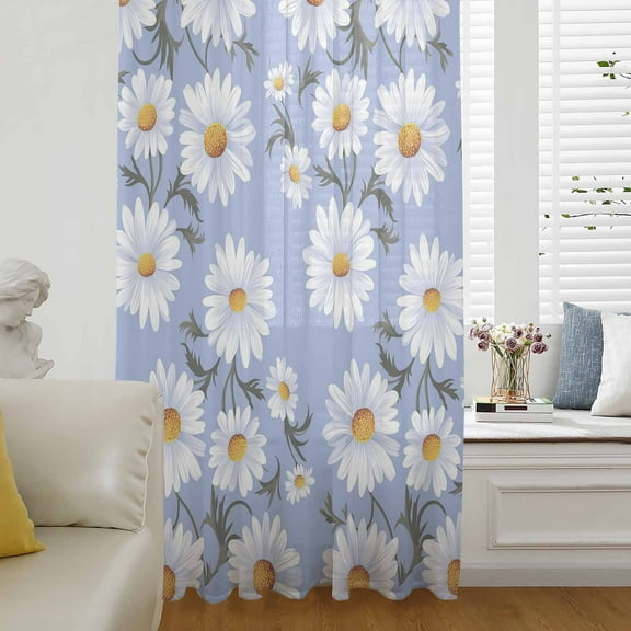Blue Daisy Semi Sheer Curtains Drapes for Living Room, Bedroom, French Doors Window 63 Inches Long, Spring Floral Summer Botanical Watercolor Rod Pocket Chiffon Curtain Drapery Voile Draperies Panel