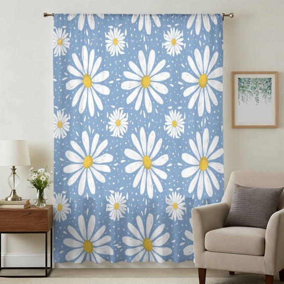 Blue Daisy Sheer Curtains 96 Inches Long for Living Room, Spring Floral Elegant Pastoral Botanical Light Filtering Privacy Drapes, Breathable Semi Sheer Window Treatment for Bedroom Dining Room