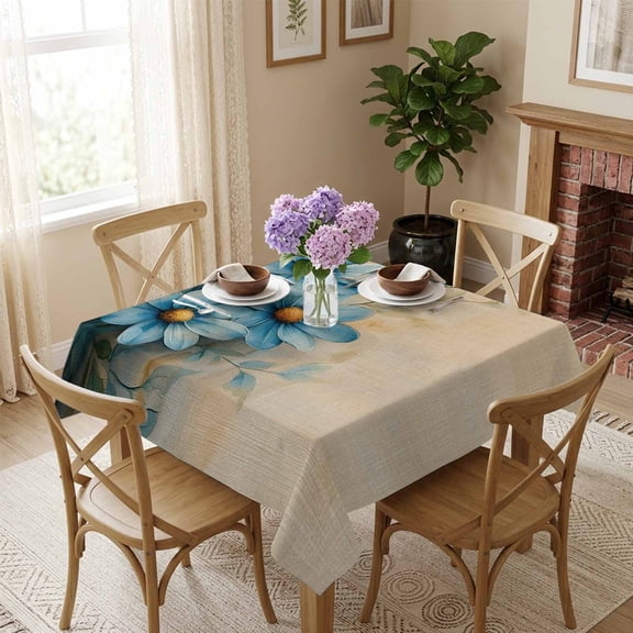 Blue Daisy Square Tablecloth 54x54 Inch Vintage Linen Texture Waterproof Polyester Tablecloth for Dining Table, Washable Table Cover for Kitchen Dining Room Wedding Decoration,Stain Resistant
