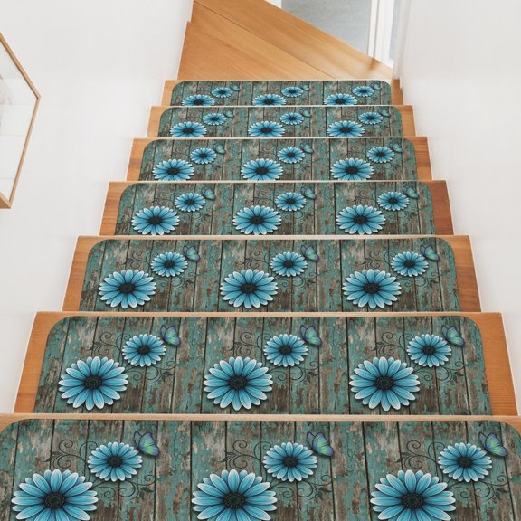 Blue Daisy Stair Treads Non Slip for Steps Butterfly Farmhouses Countryside Wood Grain 4 Pcs Reusable Adhesive Stair Runner Mats for Dogs Elders Carpet Treads Rugs for Staircase 8x30 In