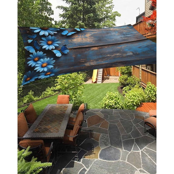 Blue Daisy Sun Shade Sail 8'X10' Spring Floral Butterfly Floral Retro Rust Texture UV Block Outdoor Sail Shades Breathable Waterproof Rectangular Sunshade for Patio Garden Pool Pergola Porch