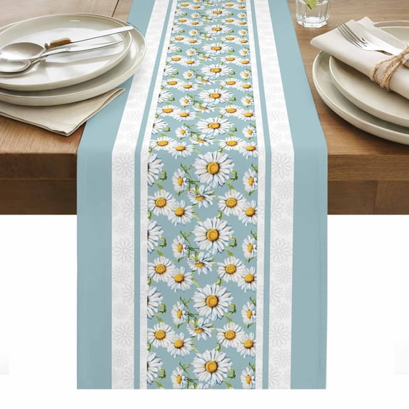 Blue Daisy Table Runner - 90 Inch Long, Kitchen Dining Table Runner Dresser Scarves, Farmhouse Floral Blue Striped Farmhouse Decor for Coffee Tables Wedding Party Banquet