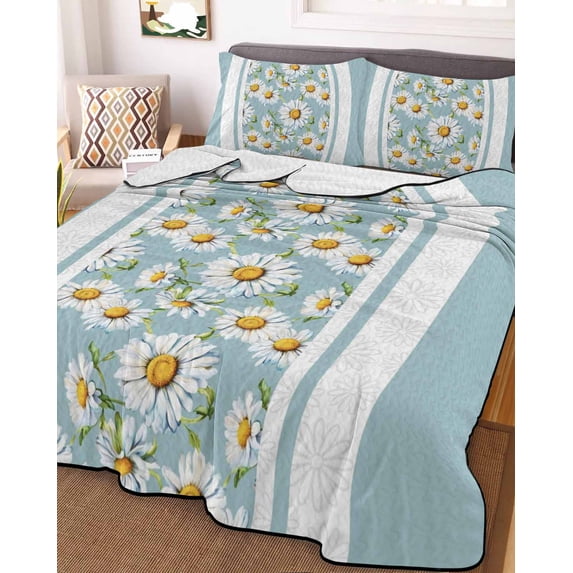 Blue Daisy Twin Size Down Alternative Comforter, Lightweight Comforter Quilt Bedding Set with Pillow Shams Farmhouse Floral Blue Striped All Seasons Bed Comforter Duvet Insert 68"x86"